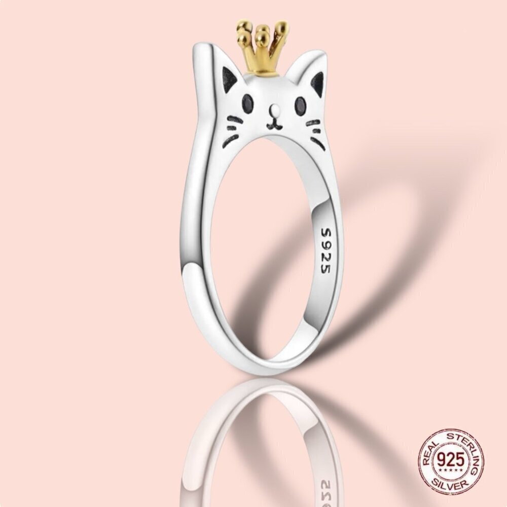 NWT Dainty Cat Ring SZ. 7 S925 Sterling Silver Stamped Crown Cute